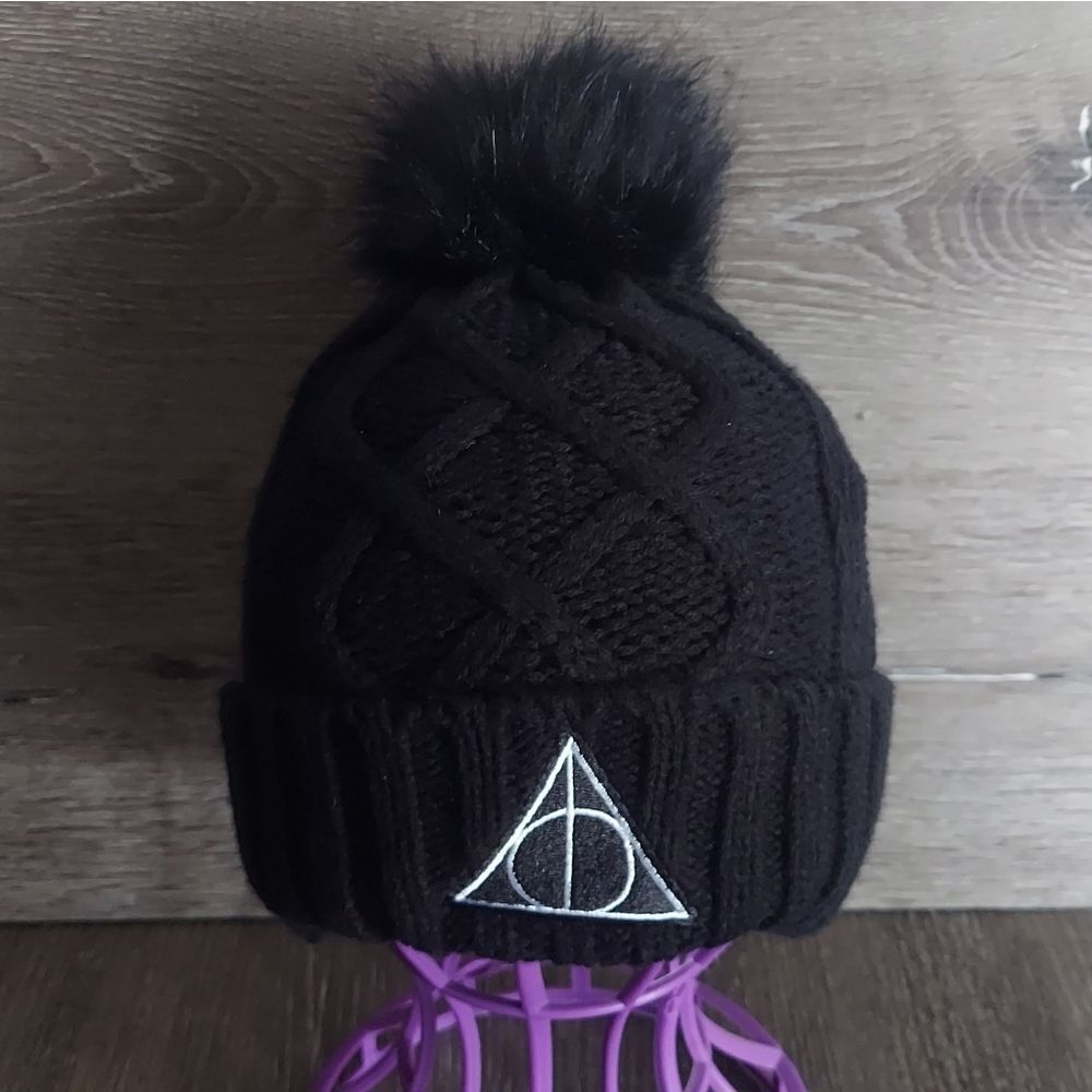 Harry Potter Deathly Hallows Black White Pom Pom Beanie